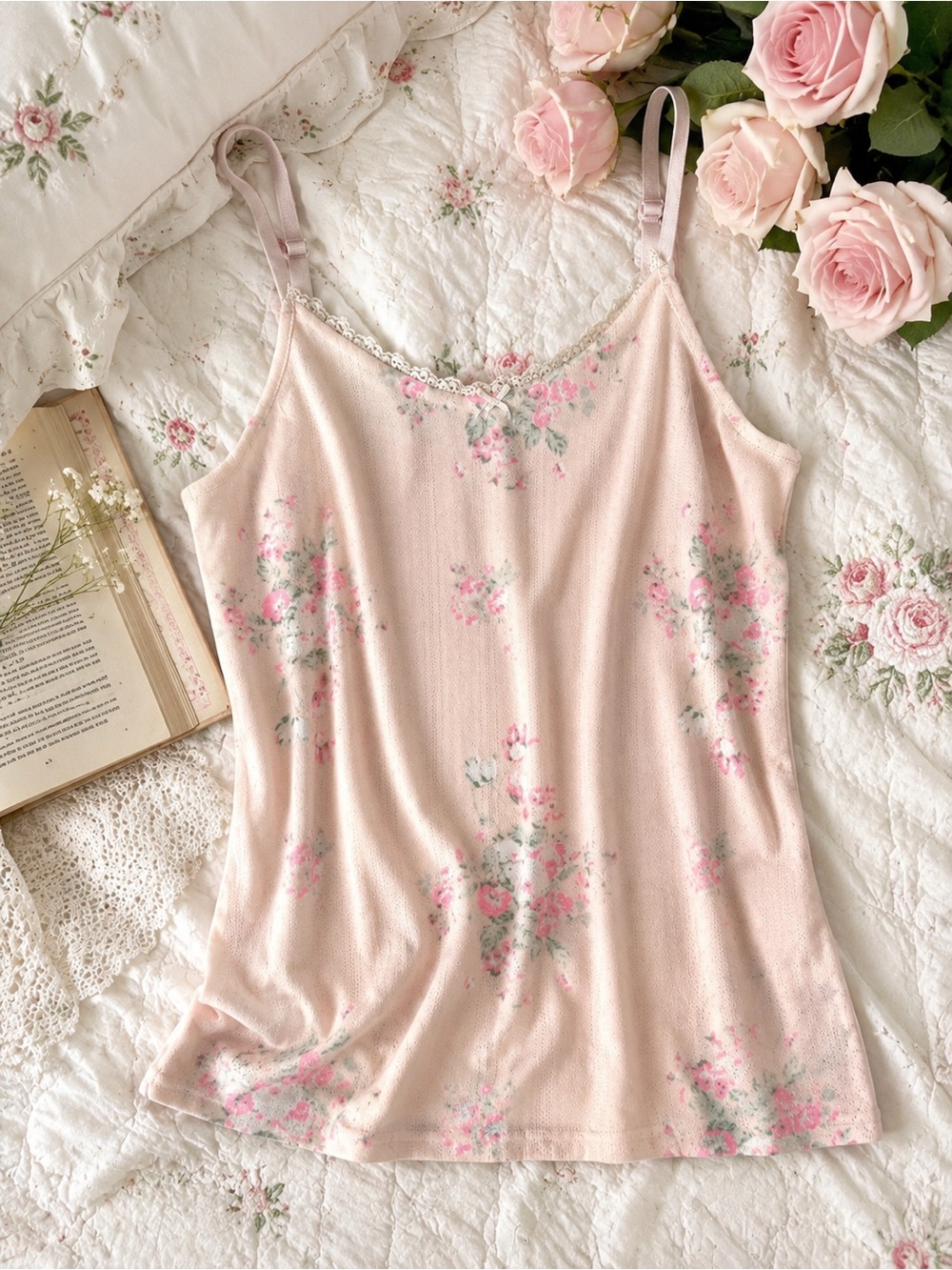 Shabby Chic Pink Floral Lace Trim Cami Tank Top Size Medium Cottagecore